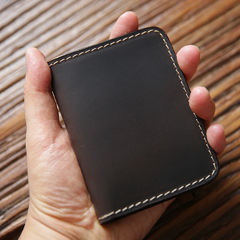 SIMLINE Genuine Leather Credit Card Holder For Men Vintage Short Handmade Bifold Slim Small Man Wallet Purse Driver License Case