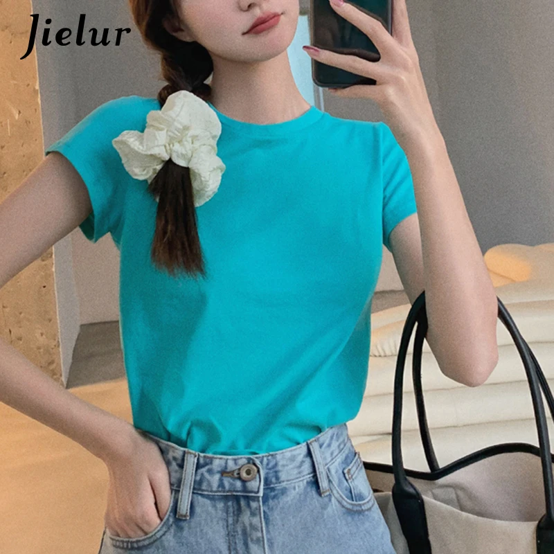 Jielur 2021 Summer New Solid Color O-neck Loose T Shirts for Women Short-sleeved Blue T-shirt Casual Korean Style Female Top S-L