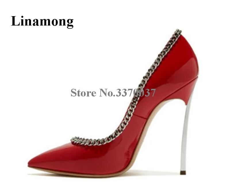 

Brand Women Fashion Pointed Toe Metal Stiletto Heel Chains Decorated Pumps Patent Leather Red Black High Heels Wedding Shoes