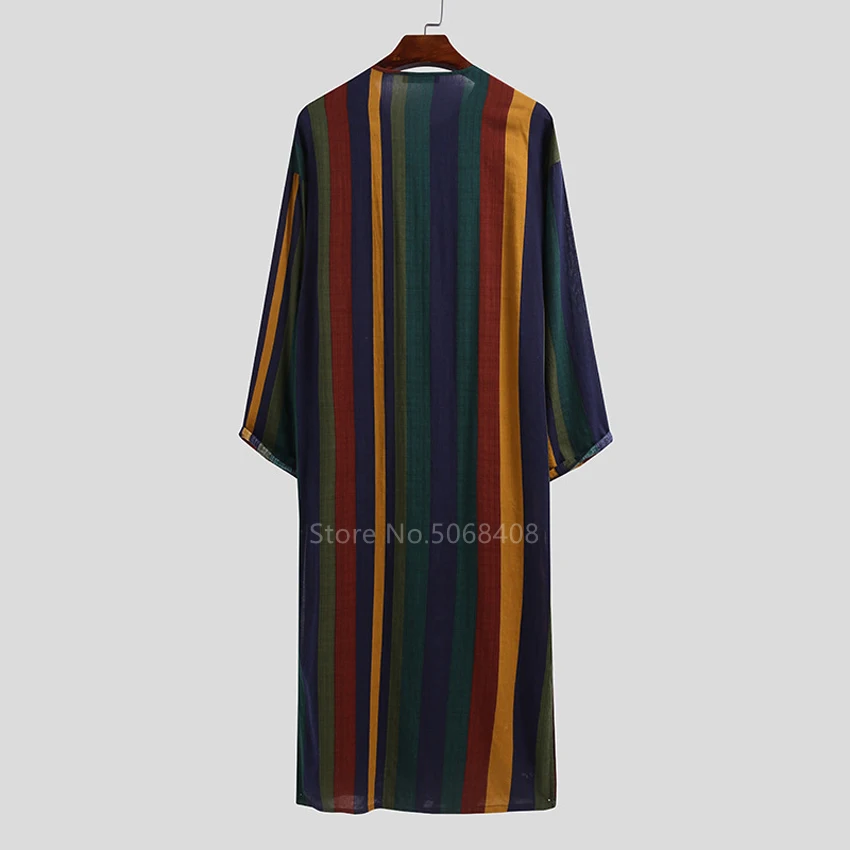 Muslim Fashion Jubba Thobe Men Islamic Arab Fashion Robes Striped Pocket Round Collar Long Sleeve Pullover Kaftan Linen Vintage