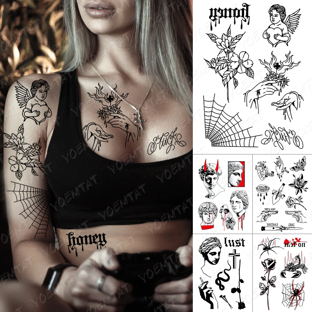 

Waterproof Temporary Tattoo Sticker Jesus Angel Praying Old School Flash Tattoos Spider Web Flower Line Body Art Arm Fake Tatoo