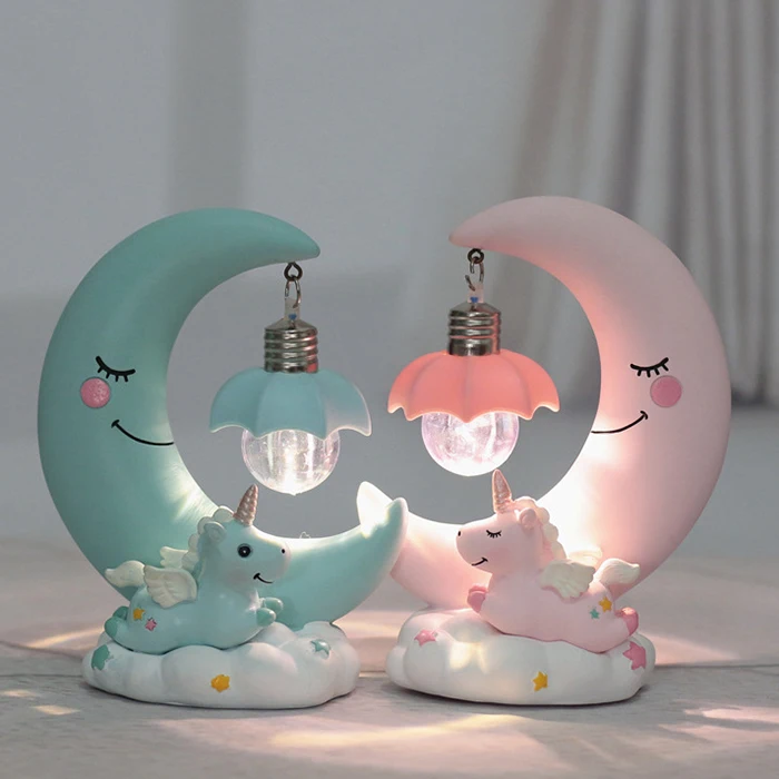 LED Night Light Resin Moon Unicorn Cartoon Baby Lamp Romantic Bedroom Decor for Children Kid Girl Toy Children\'s Gift Cute Light