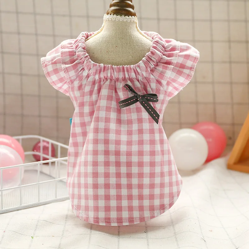 Plaid Dog Spring Summer Clothes Cotton Baby Shirt Bowknot Sweet Lady Dog Cat Clothing For Small Dogs Yorkshire Pug Puppy Apparel