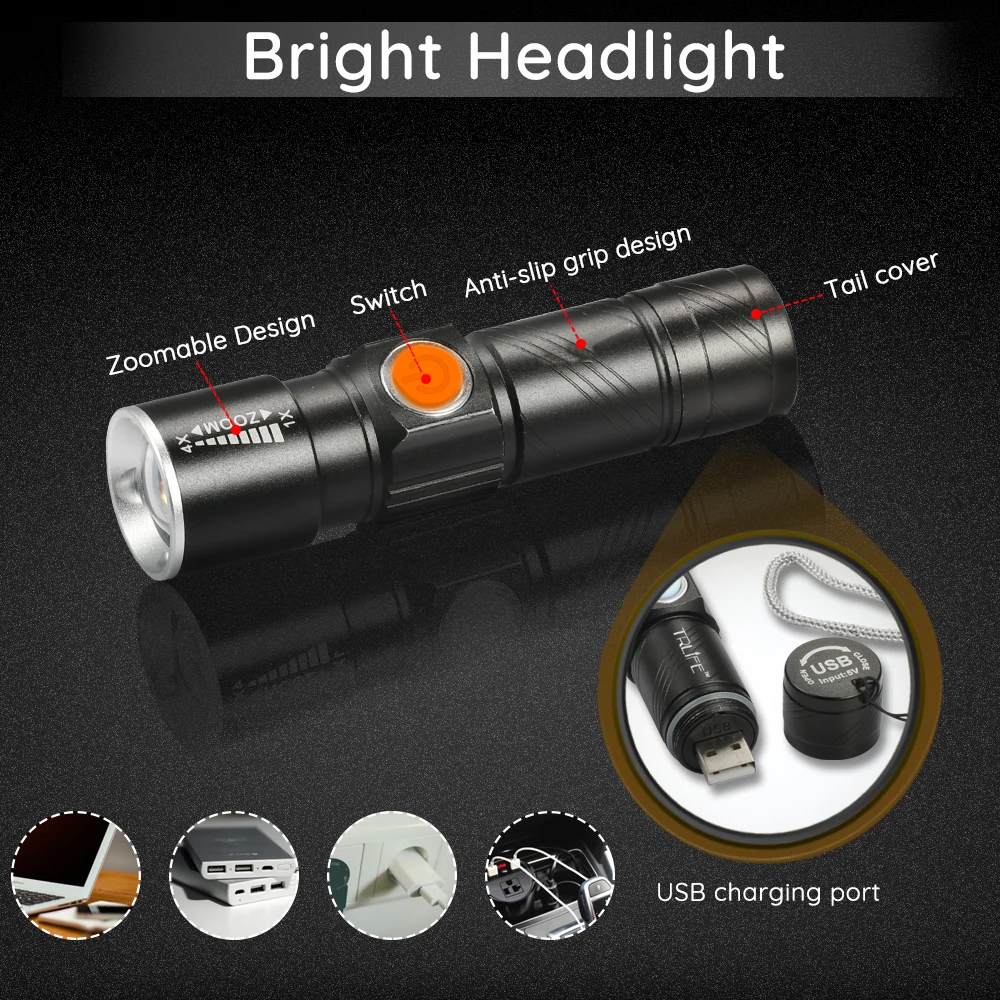 3 in1 8000 Lumen Bike Bicycle Light Set USB rechargeable LED Waterproof Super Bright Zoom Headlight Rear light  MTB Bike Light