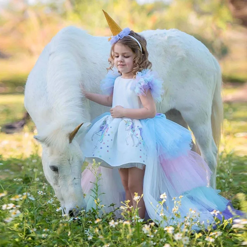 Vestido de fiesta de noche para niños, pequeño poni, unicornio, flores, niña, tul, vestido de dama de honor Junior, XYJ-4 de princesa pequeña