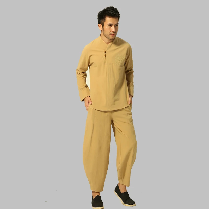 

Chinese Men's Solid Cotton Linen Kung Fu Suit High Quality Wu Shu Tai Chi Sets Loose Buddhist yellow long sleeve Clothes