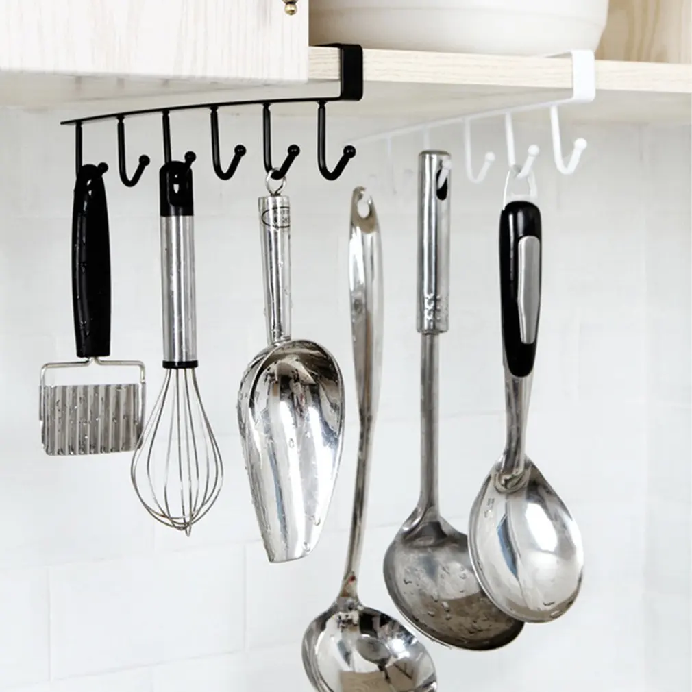 Storage Rack Multifunctional 6-row Hooks For Kitchen Seamless Wrought Iron Metal Kitchen Cabinet Hooks