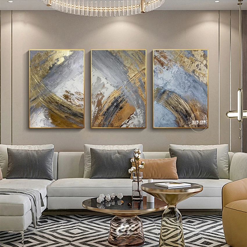 3 Panel Wall Art Large Gloden Foil Handpainted Oil Painting On Canvas Wall Art For Living Room Home Decor Picture Unframed