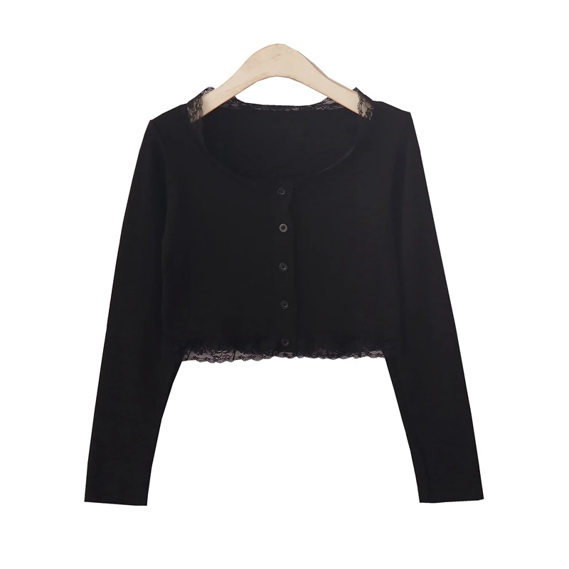 Korean Fashion Cardigan Women White Kawaii Knitted Sweater 2021 Gothic Cute Lace Vintage Long Sleeve Button Down Black Crop Tops