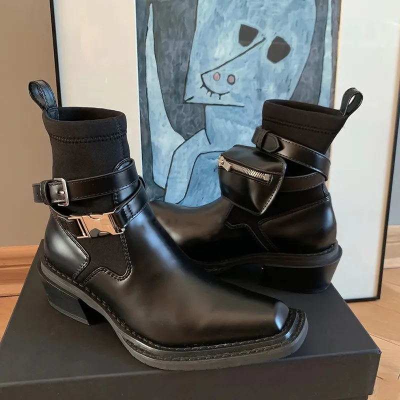 2024 New Square Toe donna stivaletti cinghie tasca calzino elasticizzato stivale femminile tacco grosso stivaletti corti autunno Botas Mujer