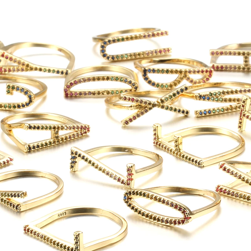 Kinel موضة A-Z رسالة قوس قزح خاتم الذهب اللون DIY بها بنفسك اسم الأحرف الأولى الأبجدية النساء حفلة تشيكوسلوفاكيا الزركون خاتم بوهو مجوهرات