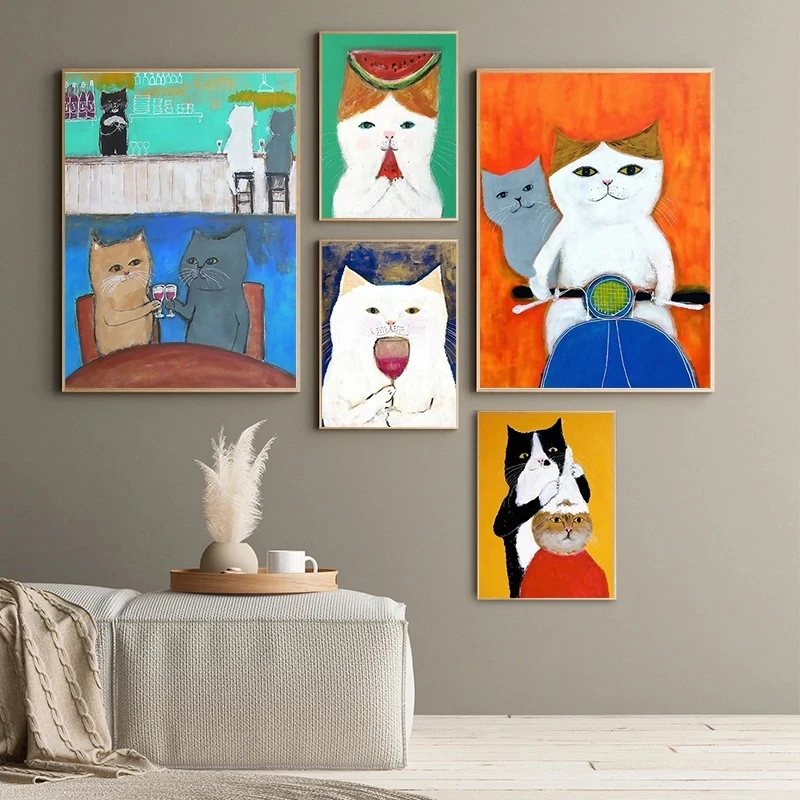 Cartoon Cat Drive Motorcycle Drink Canvas Painting DJ Cat Posters and Prints Wall Art Picture for Living Room Wall Decor Cuadros