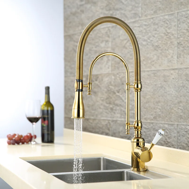 Gold Kitchen Sink Faucets, Hot and Cold Brass Rotating Mixer Tap, Pull Out Spray Nozzle, Single Handle, Dual Outlet, Deck Mount