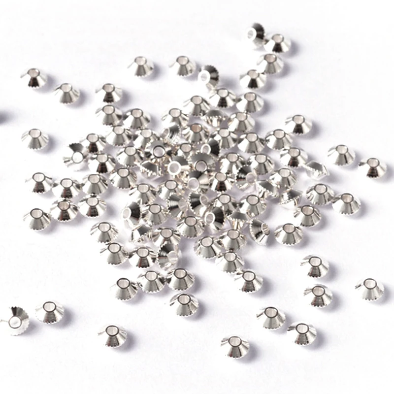 100pcs 4mm Silver ทองเหลืองโลหะ Bicone Spacer ลูกปัดสำหรับเครื่องประดับสร้อยข้อมือสร้อยคอทำรู: 1 มม.