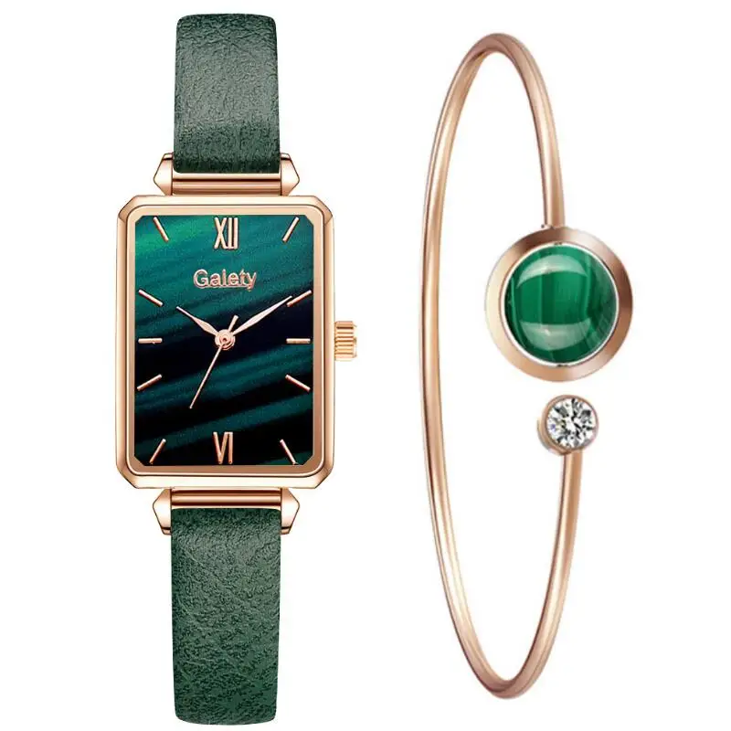 

Rectangle Green Dial Women Watch Set Hot Sales Luxury Ladies Wristwatch Top Brand Leather Woman's Watches Gift Clock reloj mujer