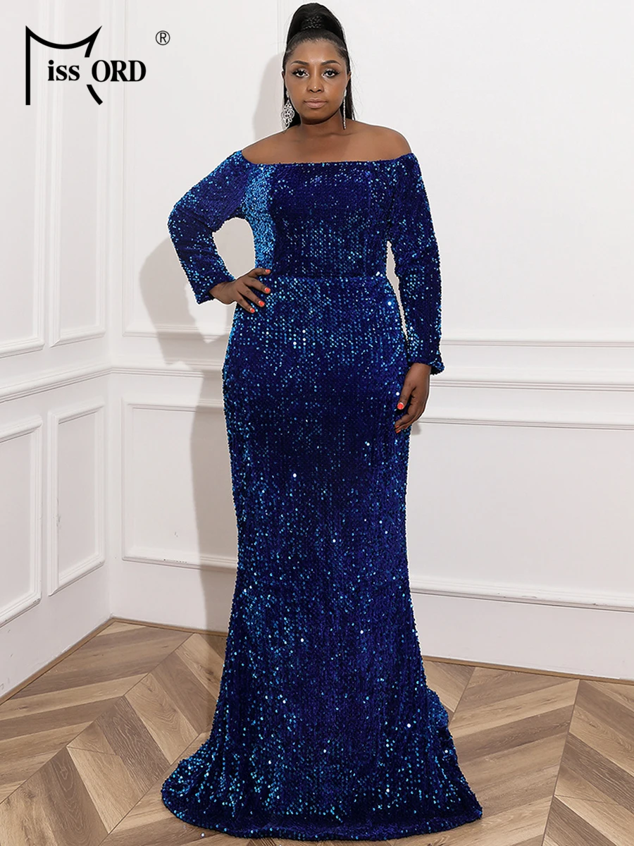 Missord Blue Sequin Plus Size Evening Dress Elegant Women Off Shoulder Long Sleeve Bodycon Maxi Mermaid Party Prom Dresses Gown