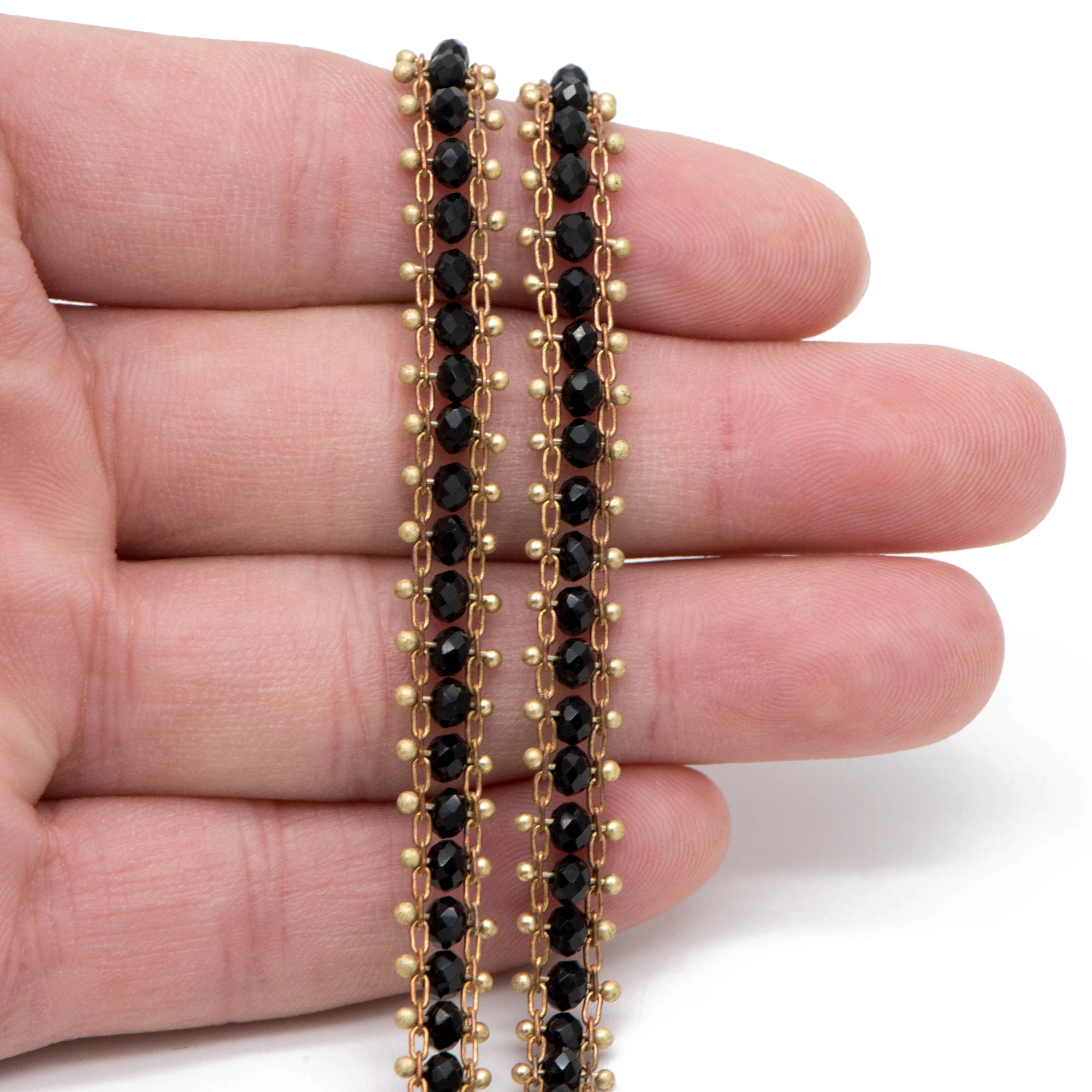 Black Crystal Glass Bead Chain 7mm, Unplated Brass Designer Chain (#LK-032-2)/ 1 Meter=3.3ft