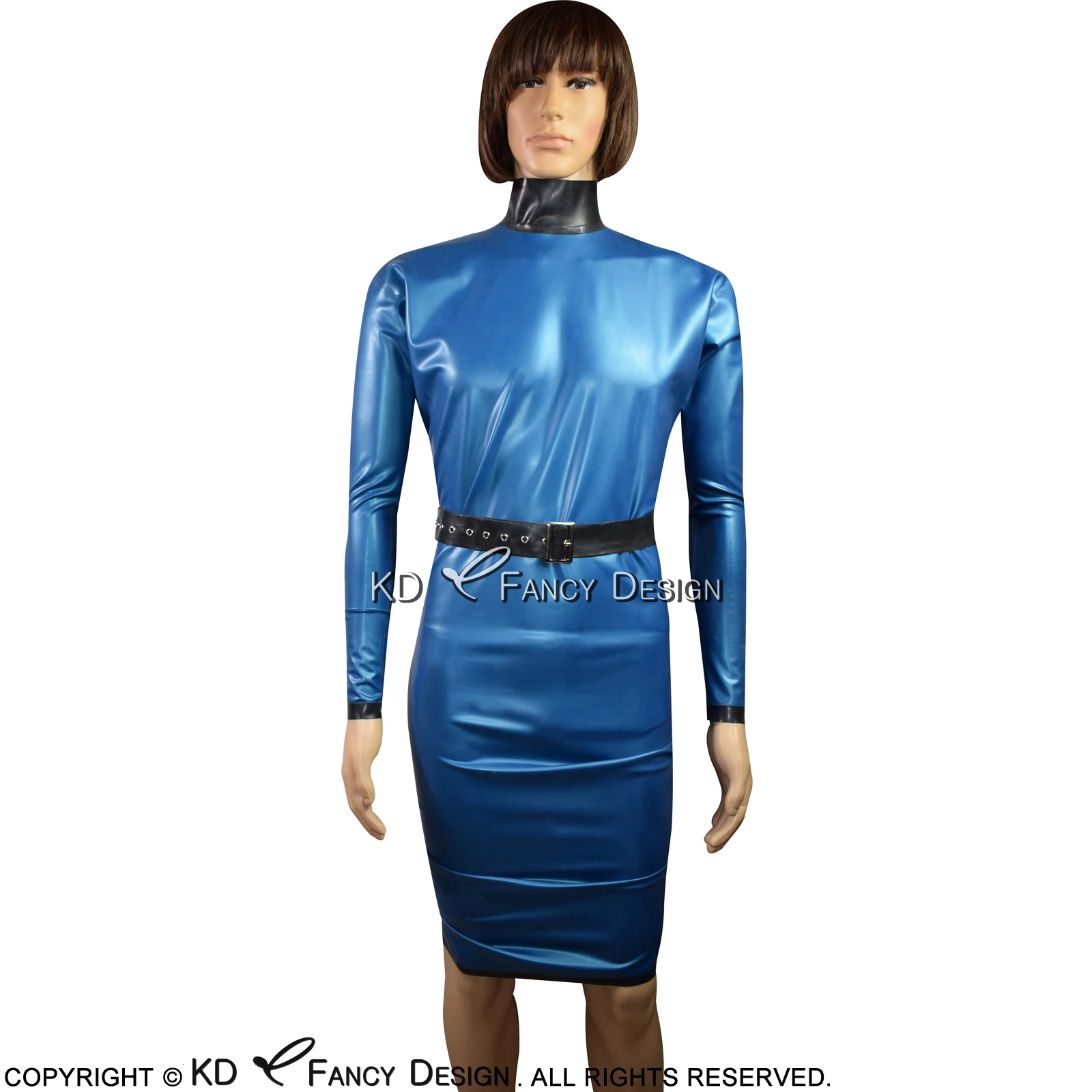 Pearl Blue And Black Trims Sexy Teacher Latex Dress With Belts Full Zipper At Back Rubber Gown Bodycon Playsuit LYQ-0062