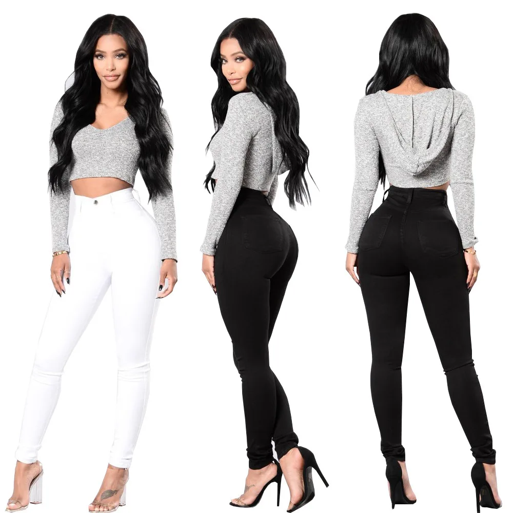 2022 Spring Summer Trousers Black and White High Waist Jeans For Women Casual Skinny High Elastic Denim Pencil Pants S-2XL