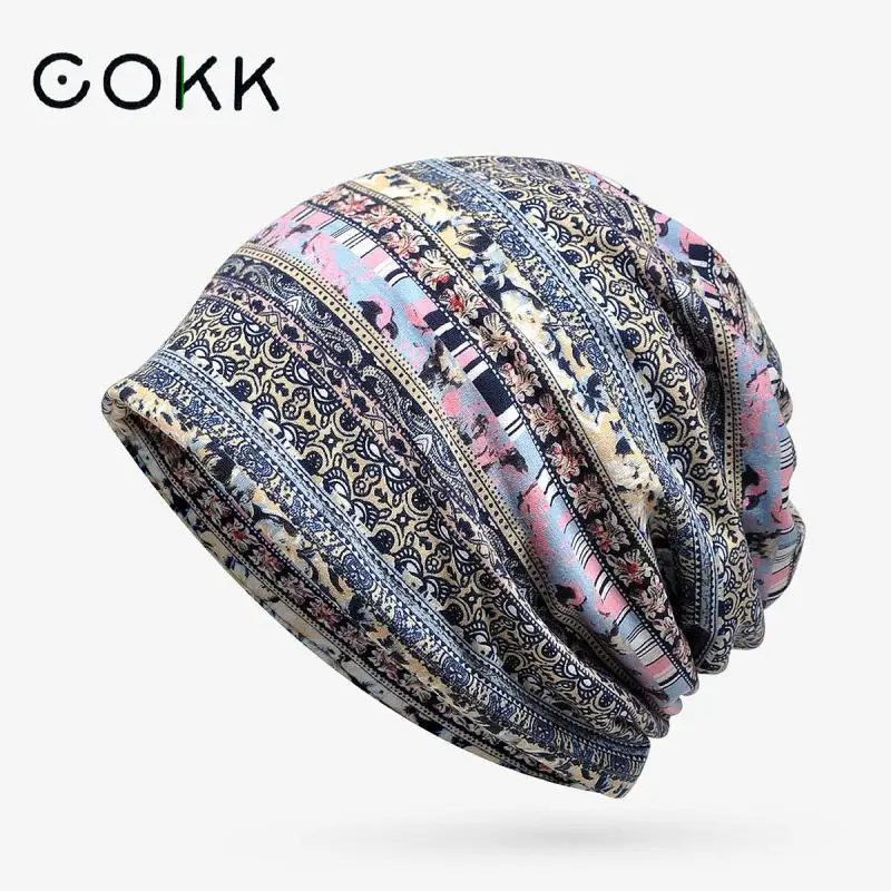 COKK Cotton Beanie Spring Summer Hat Women Men Flower Printed Elastic Headwear Headwrap Gorro Bonnet Female