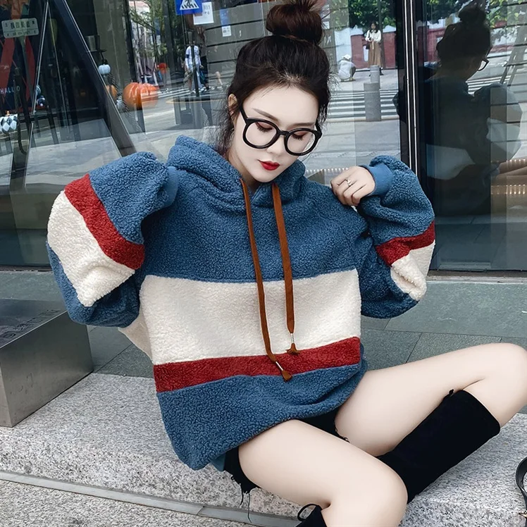 Autumn And Winter New Lambswool Female Pullover Korean Version Of Ins Color Matching Loose Thickening Mid-length Women Hoodie