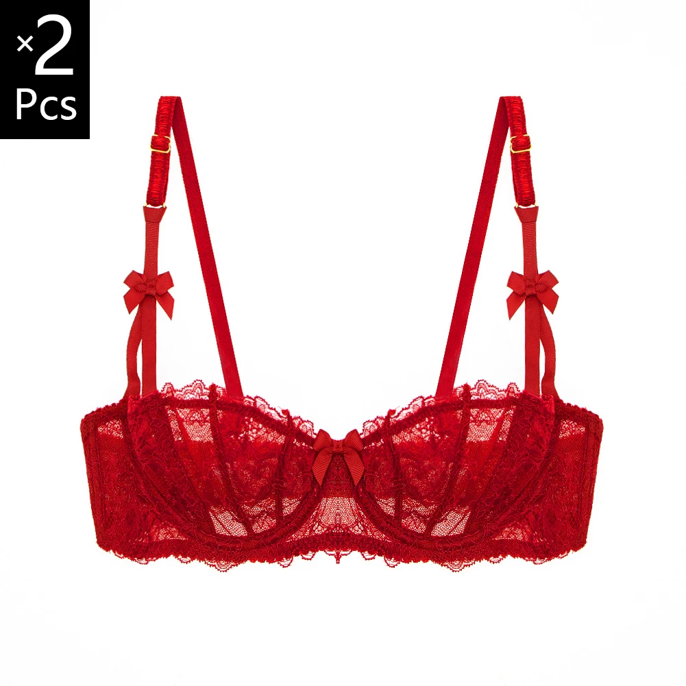 2 Pieces Female Sexy Lingerie Plus Size Half Cup Bras For Women Transparent Underwire Push Up Lace Brassiere Top A B C D E Cup