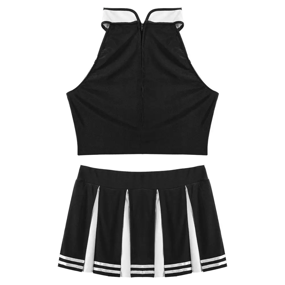 Women Adults Cheerleader Costume Suit Cheerleading Uniform Outfit 2Pcs School Girls Sleeveless Crop Top with Mini Pleated Skirt