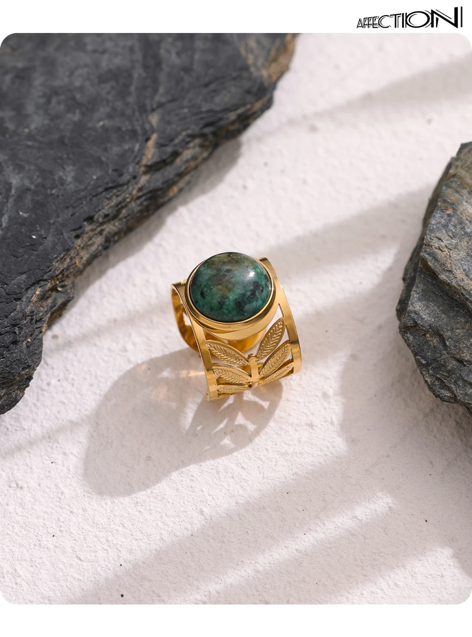 Yhpup Stainless Steel Green Natural Turquoise Opening Ring Statement Golden 18 K Plated Ring bague acier inoxydable Gift New