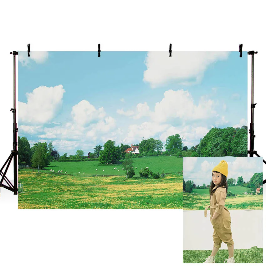 Mehofond Rural Nature Green Grass Backdrops Sky Clouds House Sheep Children Portrait Photography Backgrounds for Photo Studio