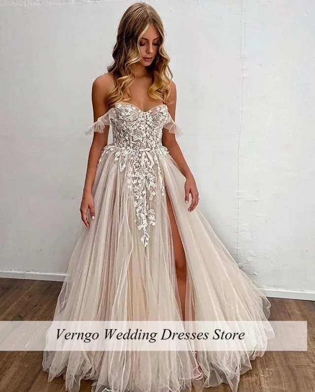 Verngo Beach Wedding Dress Seksi Sisi Celah Gaun Pernikahan Renda Bordiran Tulle Pengantin Gaun Off Bahu Gaun Panjang 2020 Vestidos