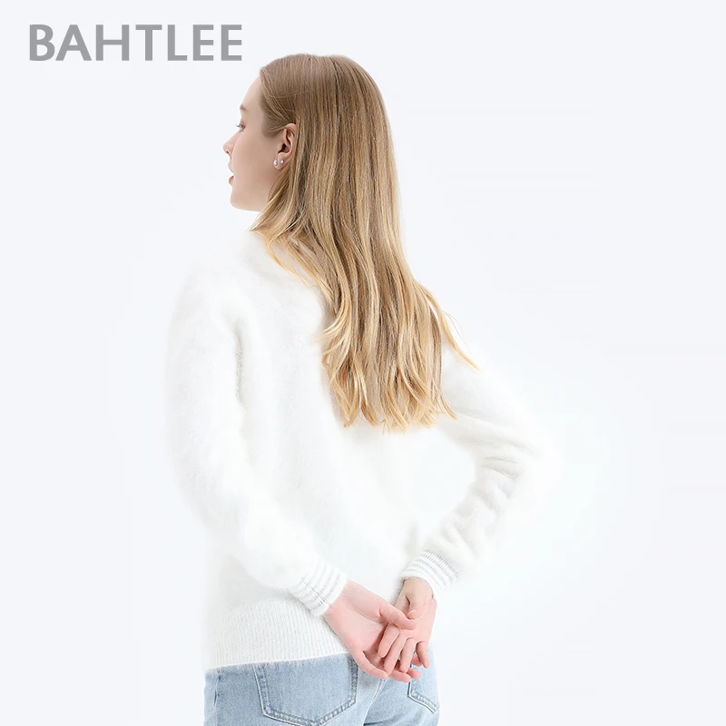 BAHTLEE-Women\'s Angora Wool Sweater, Knitted Jumper, Long Sleeves, O-Neck, Silver Wire Suit, Basic Style, Autumn, Winter