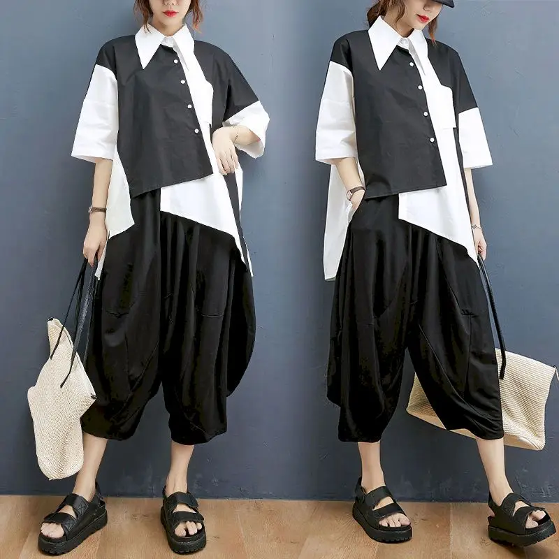 Womens Suit Loose Two-piece Suit Stitching Short-sleeved Shirt Buttoned Irregular Shirt Wide-leg Pants Fashion Suits 2024 Summer