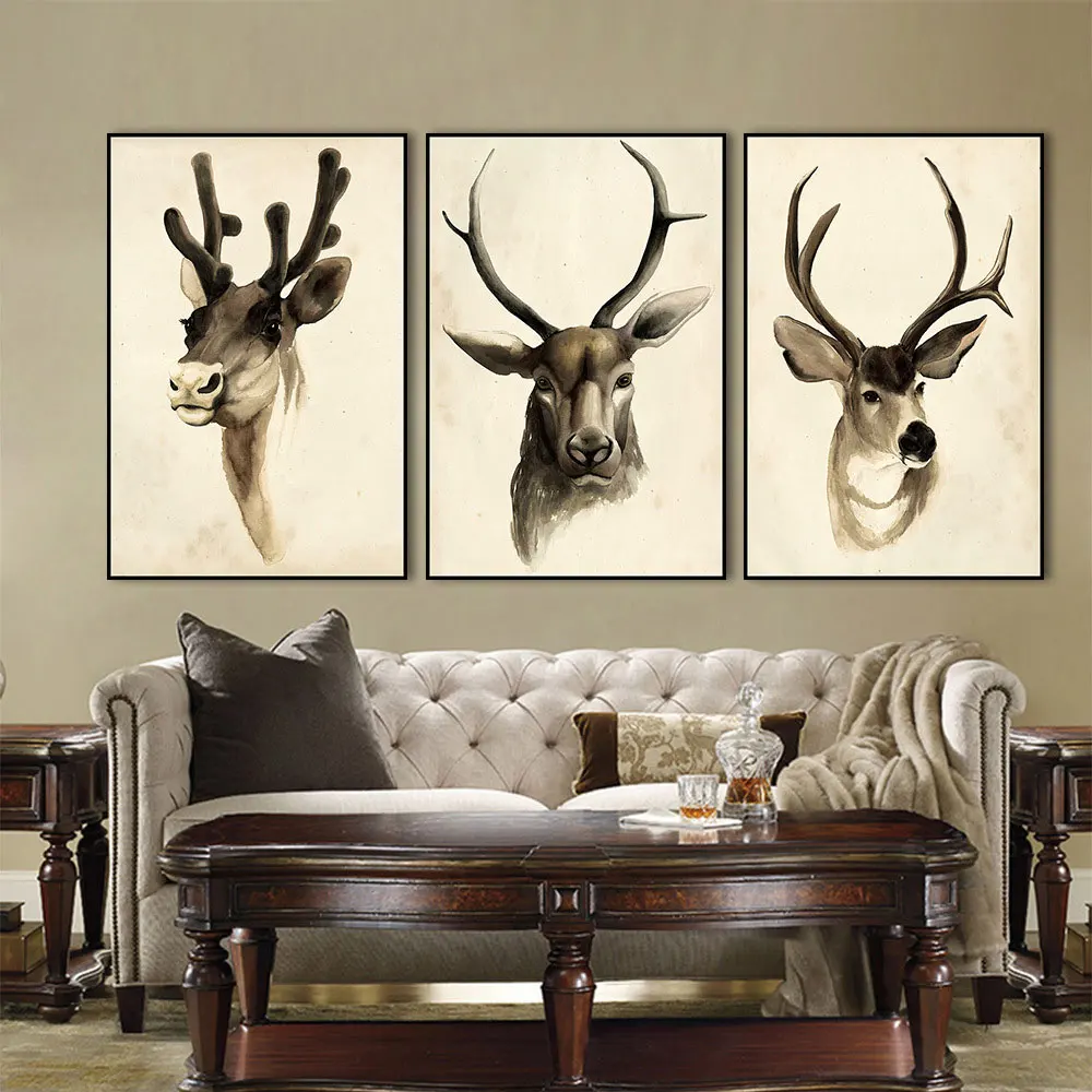 Triptych Minimalist Artistic Deer Elk Head Canvas Painting Giclee Animal Art Print Paintings Poster Wall Picture For Living