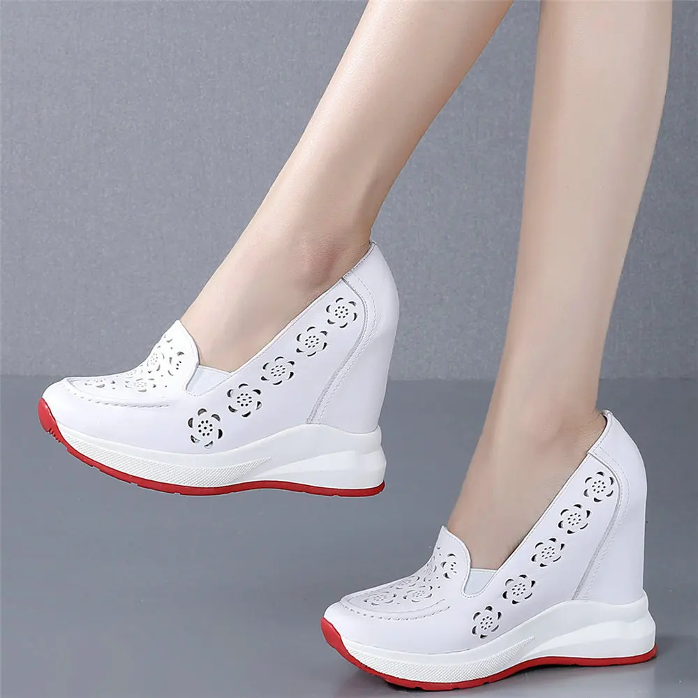 Wedges Mary Jane Shoes Women Genuine Leather Chunky High Heels Pumps Shoes Female Summer Round Toe Fashion Sneakers Casual Shoes