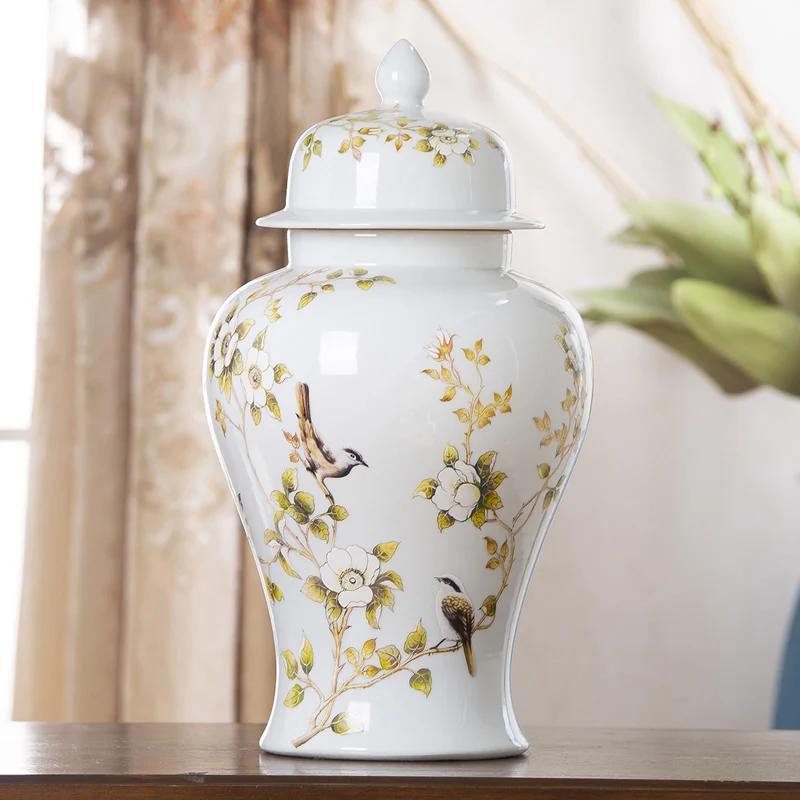 Jingdezhen White Ceramic Ginger jar Vase Large Chinese Style Living Room Flower bird pattern porcelain temple jar