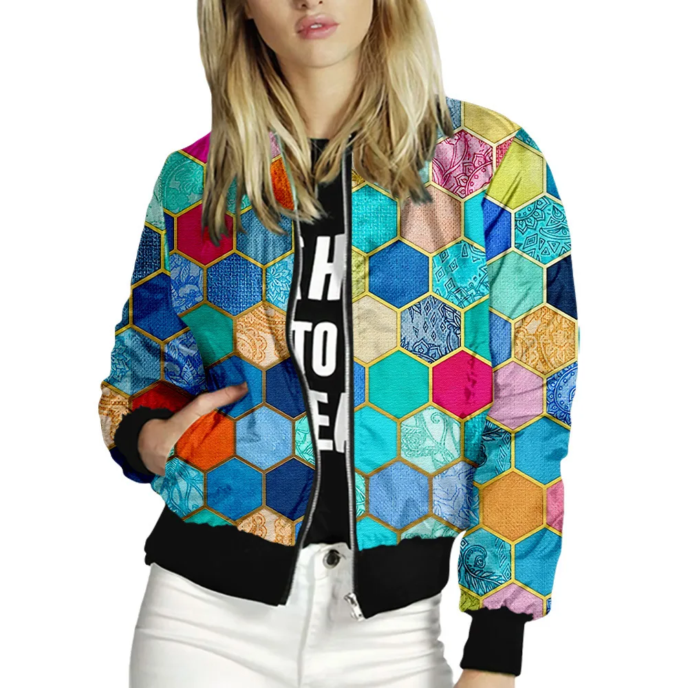 Giacche da donna 2021 colorate stampate in 3D da donna con cerniera Bomber capispalla primavera autunno manica lunga corta sottile sottile cappotti