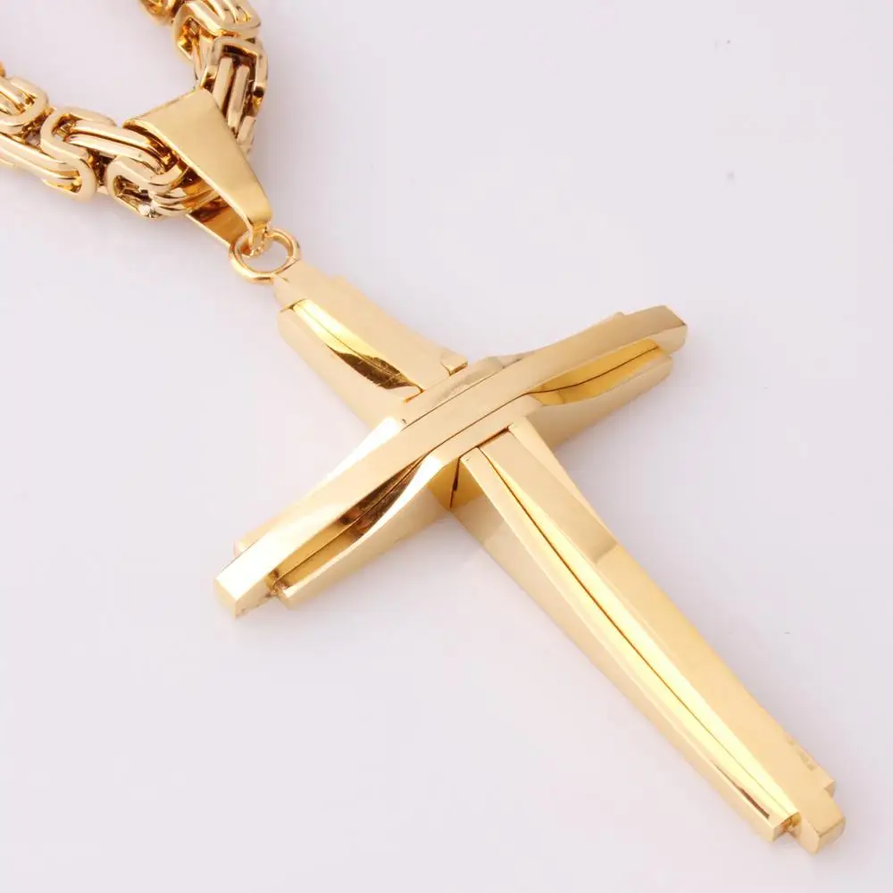 Cool Cross Gold Color Necklaces Men Women Pendant Stainless Steel With 5MM Byzantine Chain Christian Crucifix Jewelry