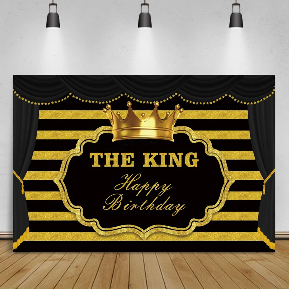 Laeacco Gold Crown The King Happy Birthday Golden Black Stripes Blue Curtain Stage Party Photography Background Photo Backdrop