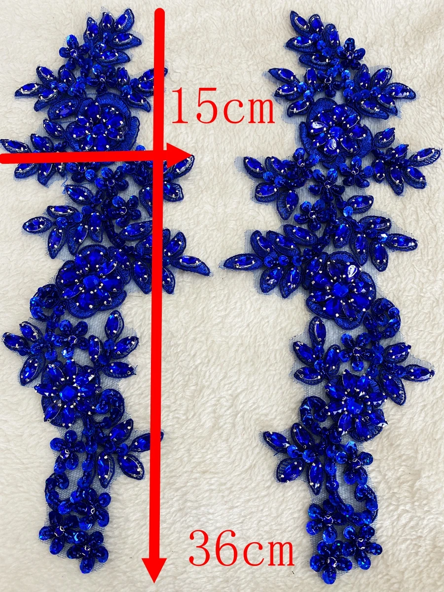 Handmade rhinestones lace trim patches sew on beads sequins deepblue/red/deepgreen/white applique one pair/bag