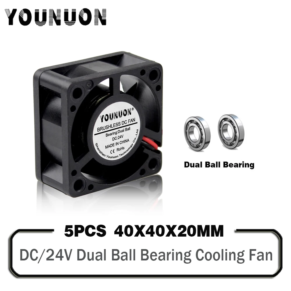 

5Pcs YOUNUON DC 24V 40x40x20mm 40mm Dual Ball Bearing Brushless Radiator Cooling Fan 4020B 4cm humidifier Cooler Fan