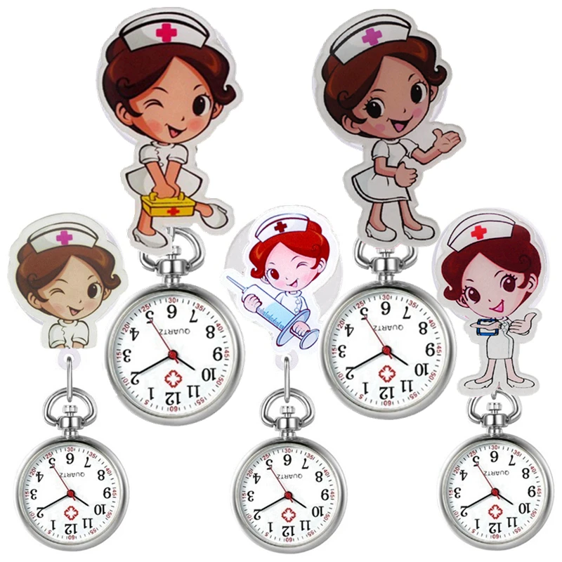 Cartoon Lovely 3D Nurse Doctor Pocket Watches Fashion Pediatrics Women Ladies Mens Clip Brooch Retractable Pocket Watches Clock