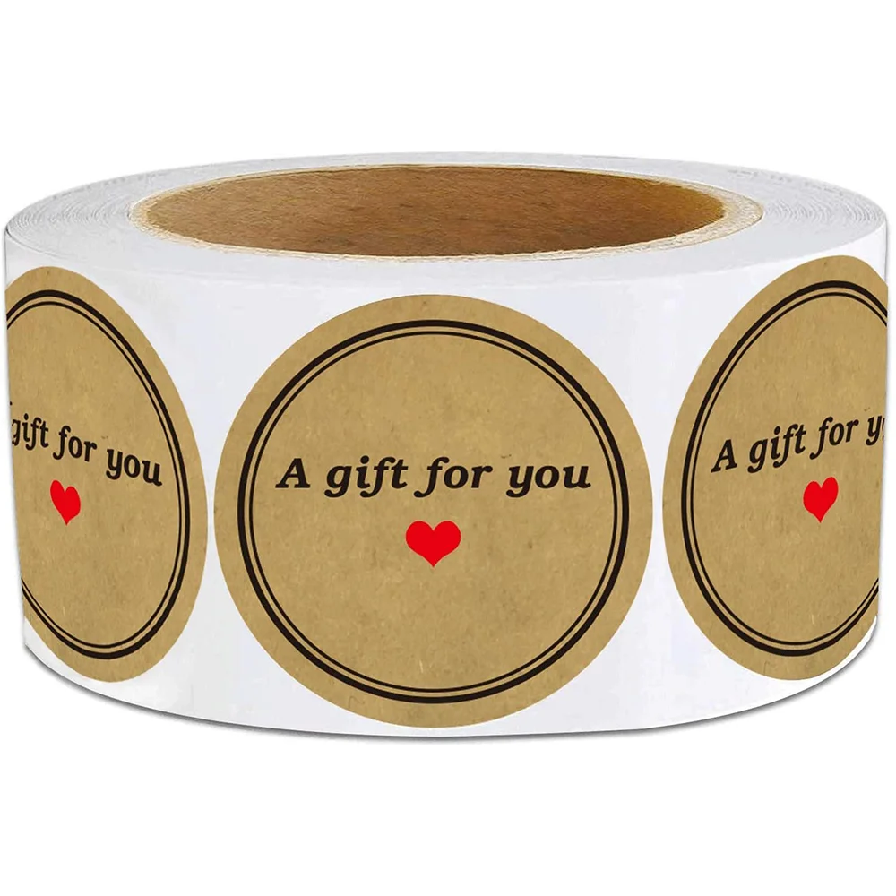 1.5 Inch A Gift for You Stickers Round Natural Brown Kraft Gift Labels - Red Heart Thank You Labels 500 Adhesive Stickers