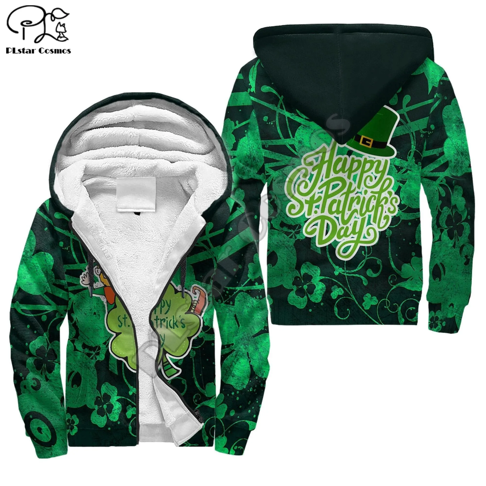 

PLstar Cosmos Irish Saint Patrick Day 3D Print Winter Clothing Casual Warm Hood Thick Coat Zipper Man Fleece Hoodies Jacket D27