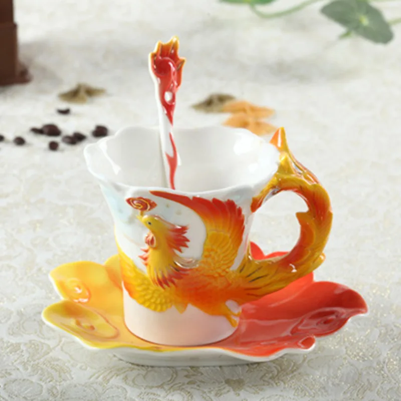 Dragon-Phoenix Coffee Mugs With Saucer Spoon 3D Handmade Porcelain Cups Hot Breakfast Tea Water Bottle Christmas Birthday Gift