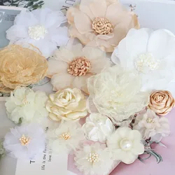 10PCS/Lot Beige Series Camellia Rose Chiffon Fabric Artificial Flower Head For Wedding Dress Clothing Decoration Headdress