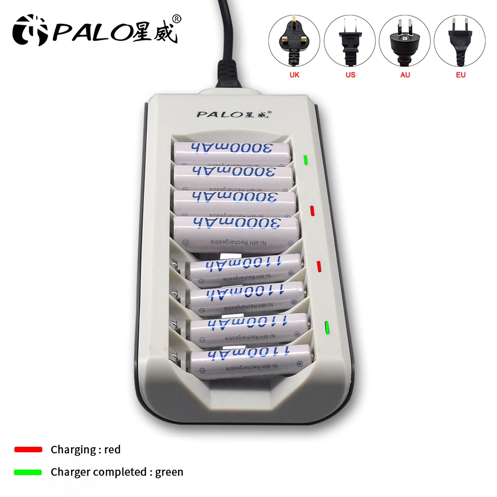 PALO-cargador de 8 ranuras para pilas recargables, cargador de pilas AA y AAA para NI-CD NI-MH, 1,2 V, con pantalla LED