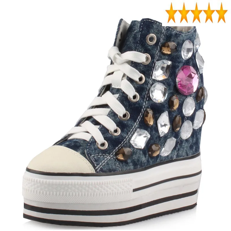 Women 2021 Spring Crystal 12CM Heels Platform Sneakers Beading Casual Denim Canvas Shoes High Top Wedge Zapatos Mujer