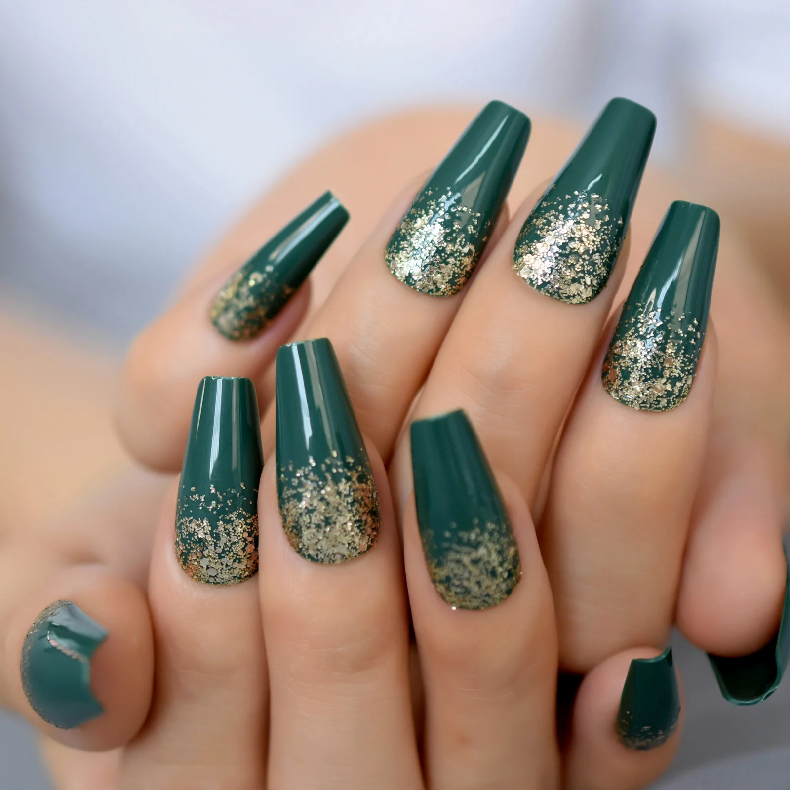 Xanh Báo Chí Pháp Trên Giả Móng Tay Bạc Kim Sa Lấp Lánh Dài Ballerina Quan Tài Full Bao Da Nhân Tạo Kiểu Dáng Ngón Tay Giả Móng Tay