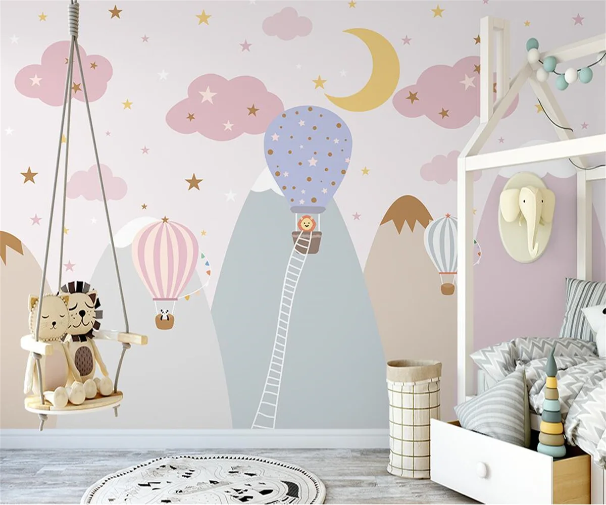 

Custom Wallpapers papel de parede Nordic pink hot air balloon starry sky children's room indoor background wall 3d Wallpaper