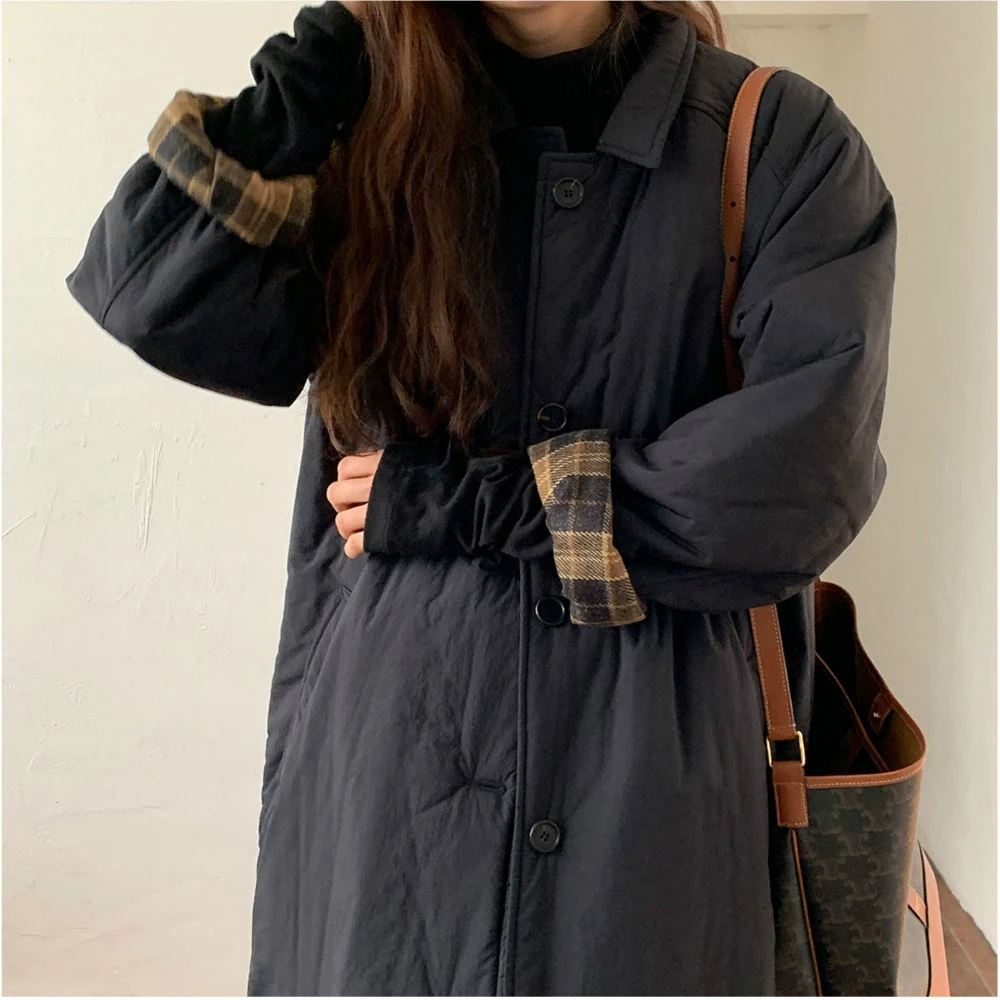 Women Autumn Winter Brief Long Straight Parkas Single Breasted Cotton Coat Jacket Turn-down Collar Overcoat